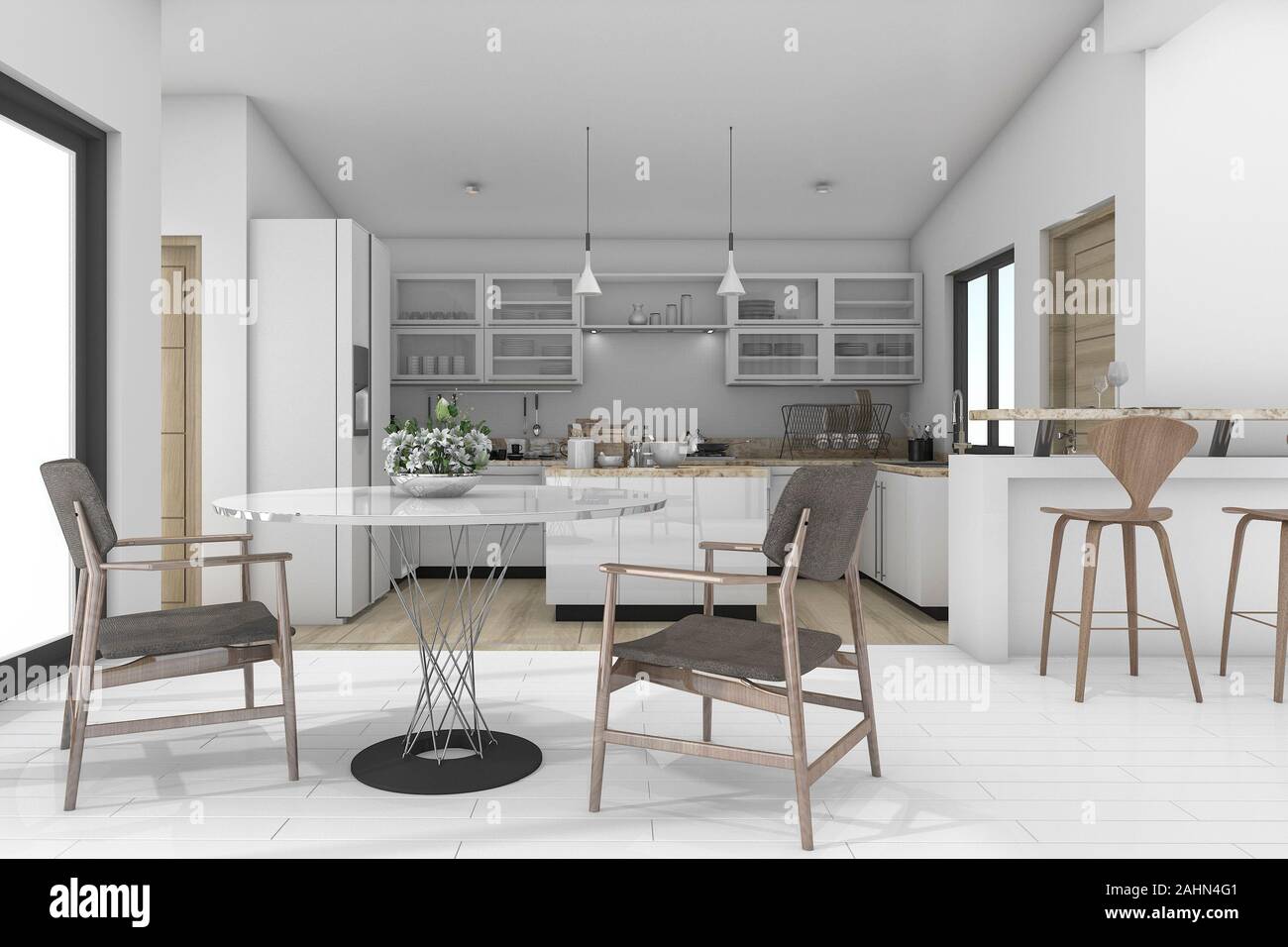 3d rendering loft wood kitchen with nice view from window Stock Photo ...