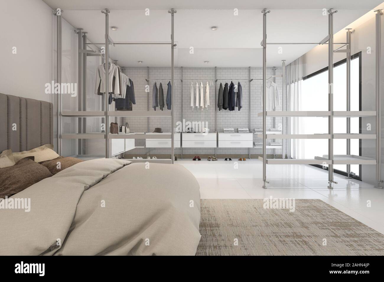 3d rendering white modern bedroom with walk in closet Stock Photo - Alamy