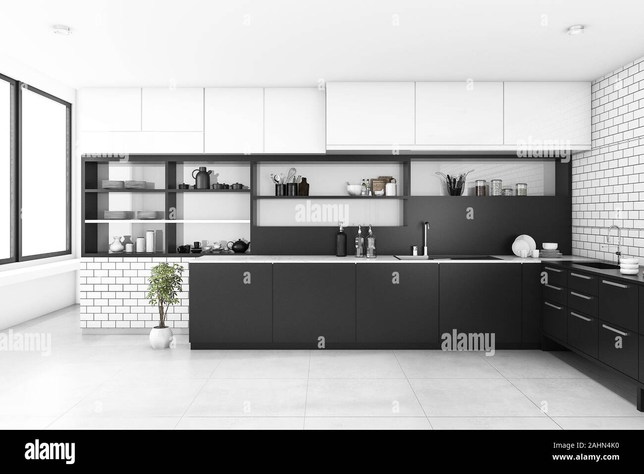 3d Rendering Black Kitchen With Brick Wall Stock Photo 337910804