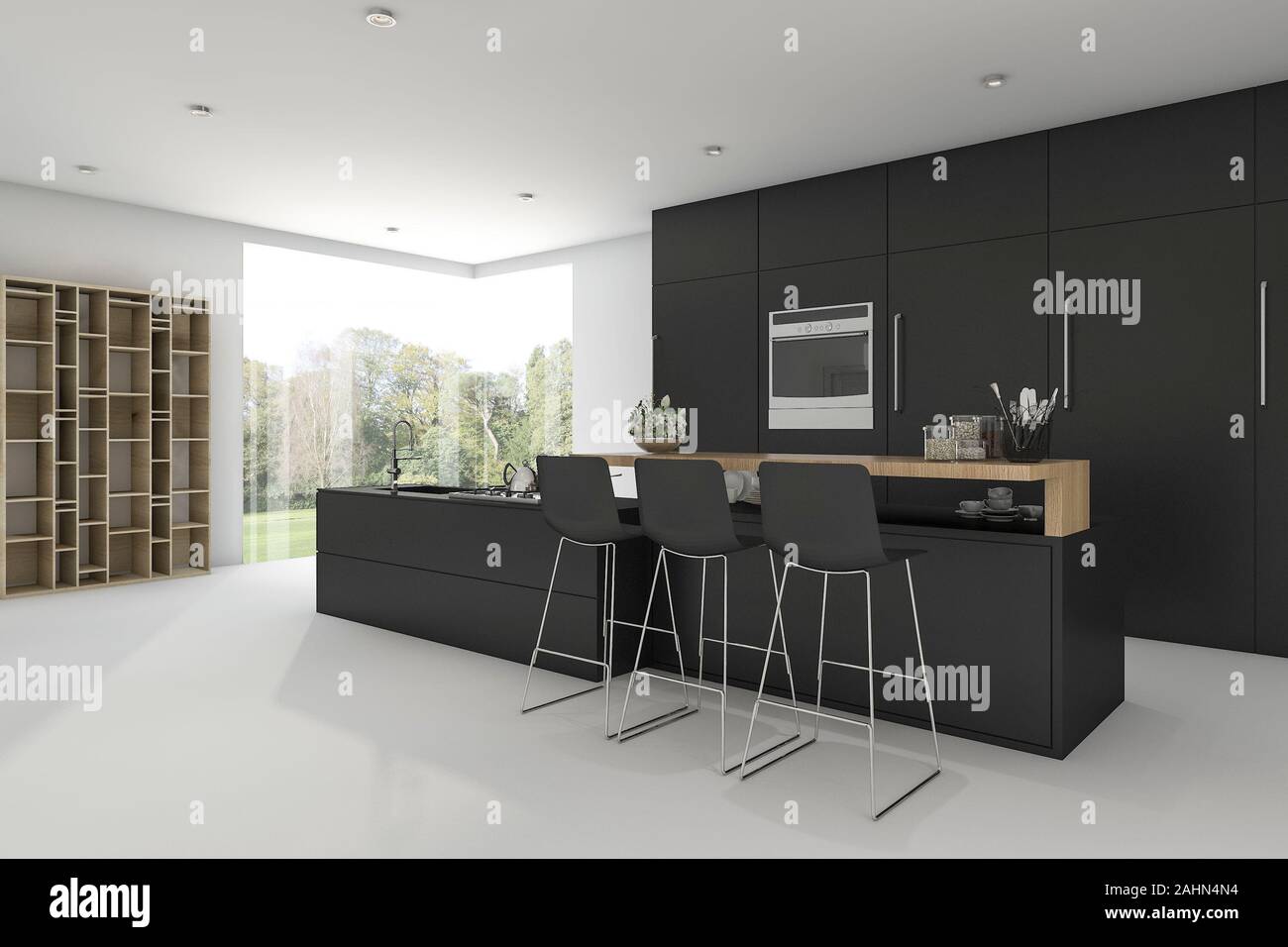 3d rendering black kitchen with view from window Stock Photo - Alamy