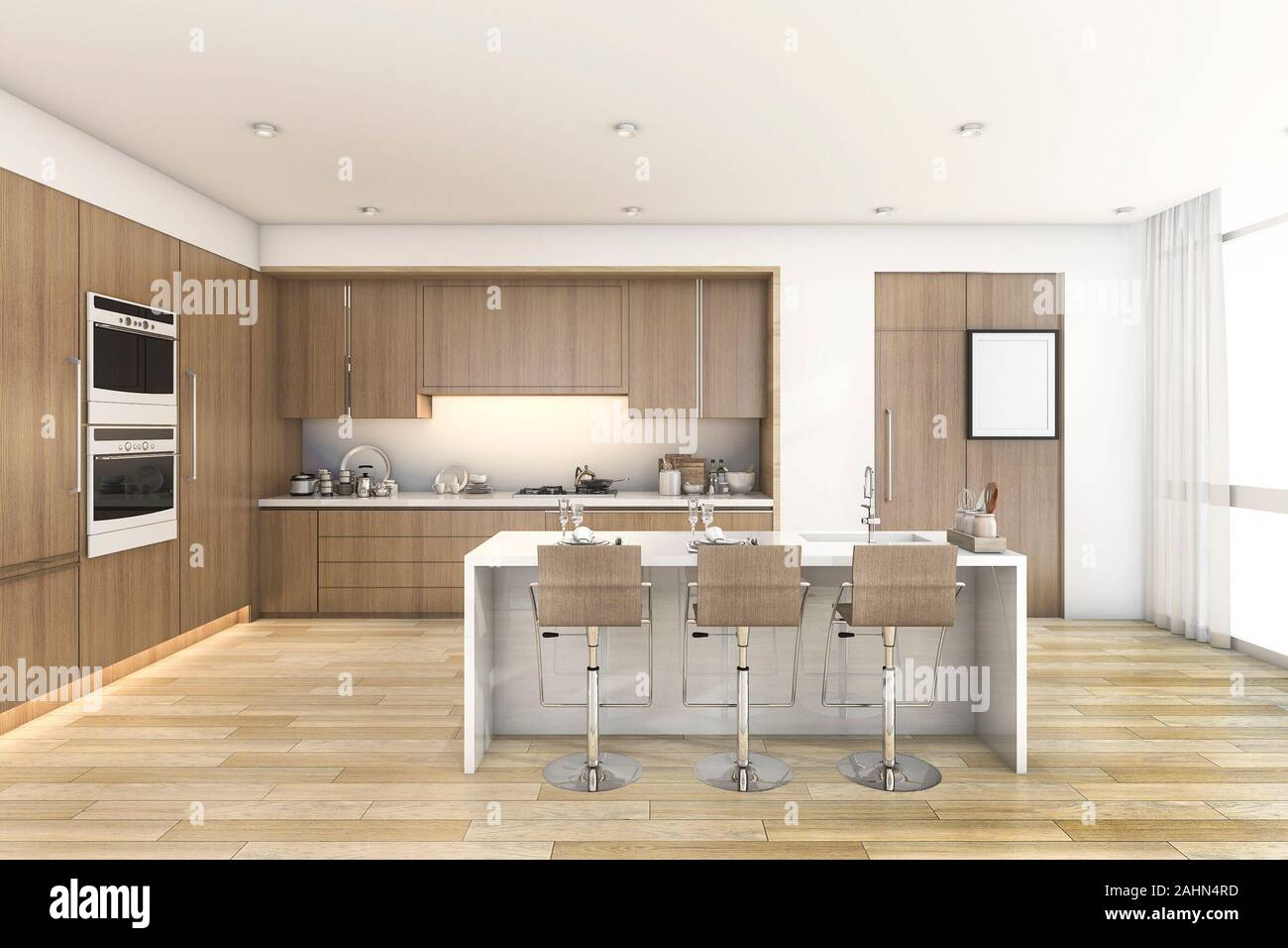 3d rendering wood bar kitchen near window Stock Photo Alamy