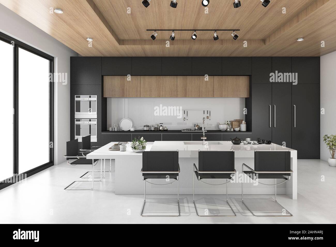3d rendering black kitchen with view from window Stock Photo - Alamy
