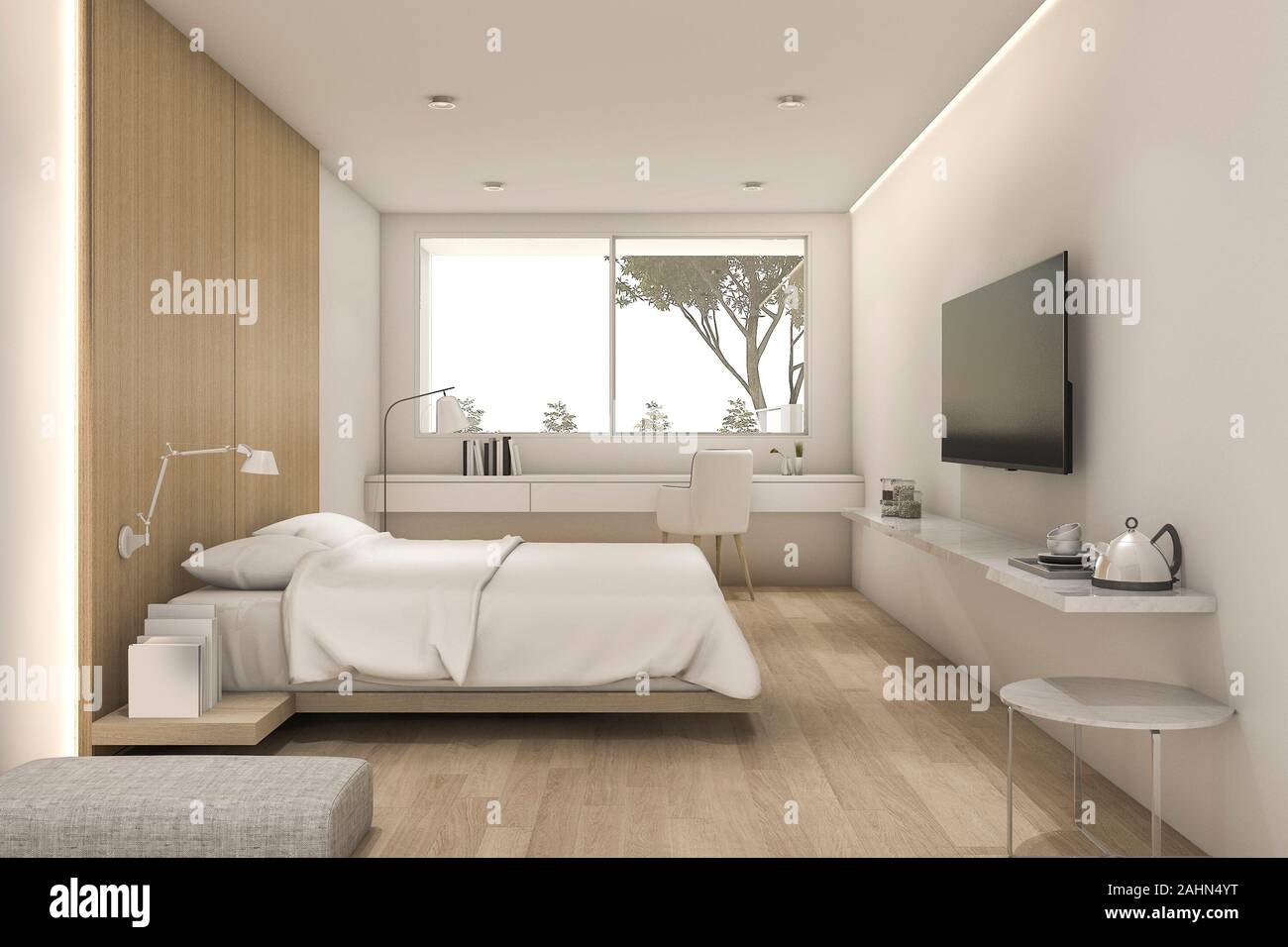 3d Rendering Nice Minimal Bedroom With Tv And Pouf Stock Photo Alamy