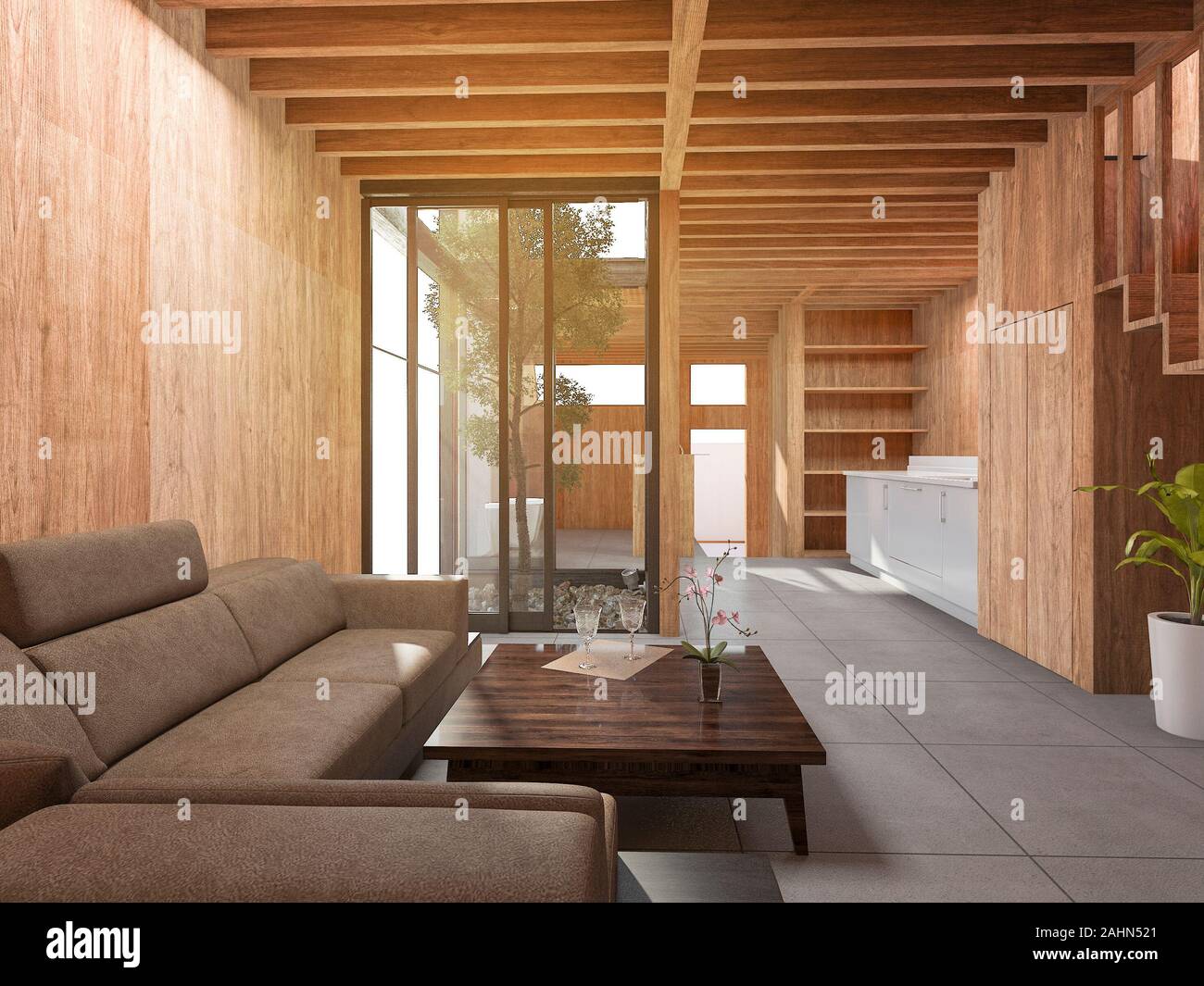 3d rendering japanese living room style house with wood decor Stock Photo