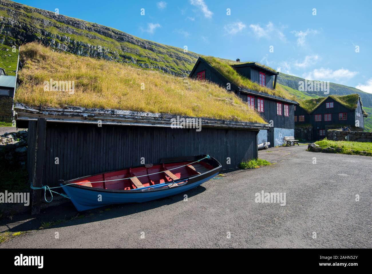 Streat view of the old part of Kirkjubour Village, Faroese island of Streymoy Stock Photo