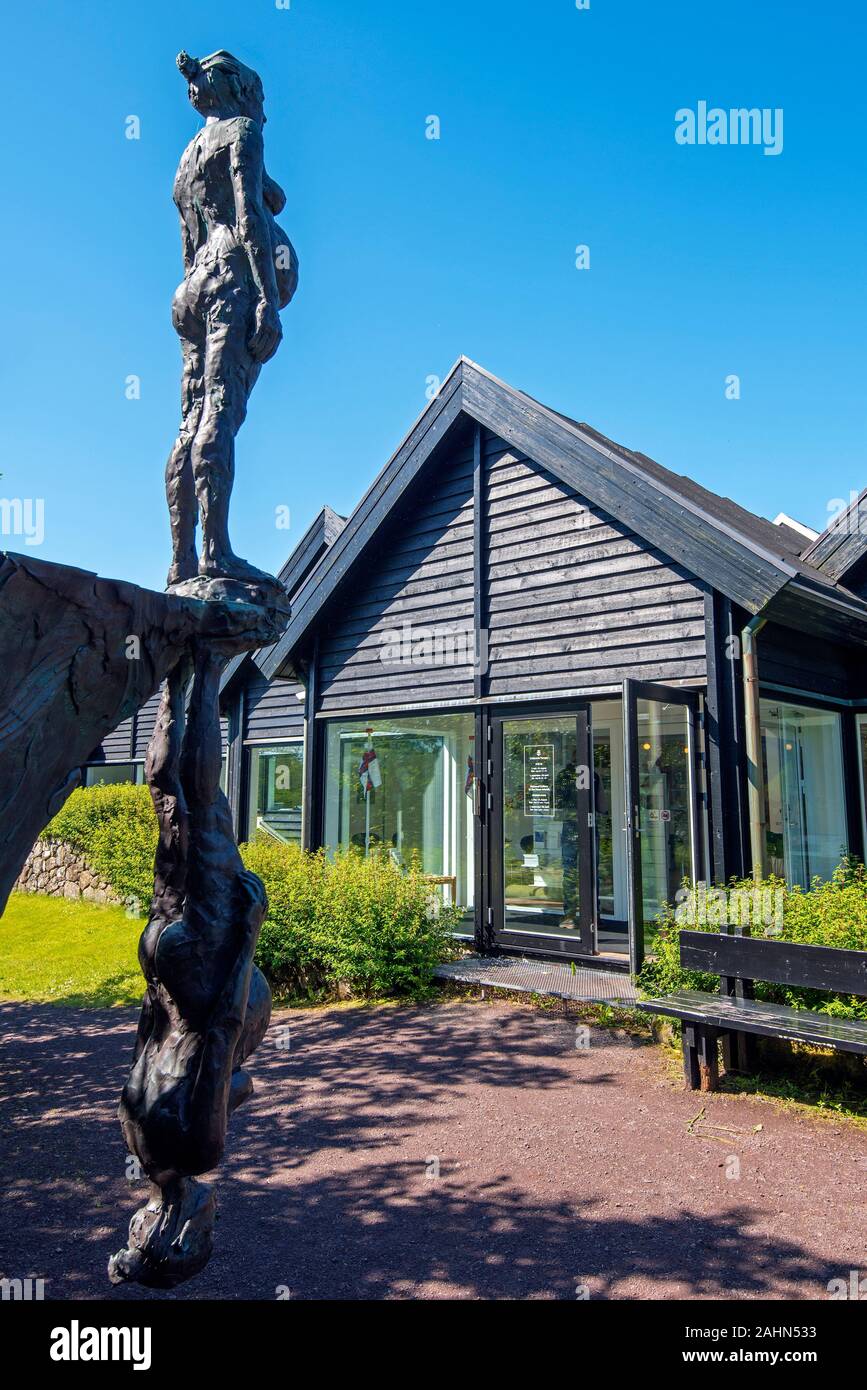 Torshavn, Faroe – July 11, 2018   Entrance to the National Gallery of the Faroe Islands, the sculpture Spegilsmynd, or Reflection, by Hans Pauli Olsen Stock Photo
