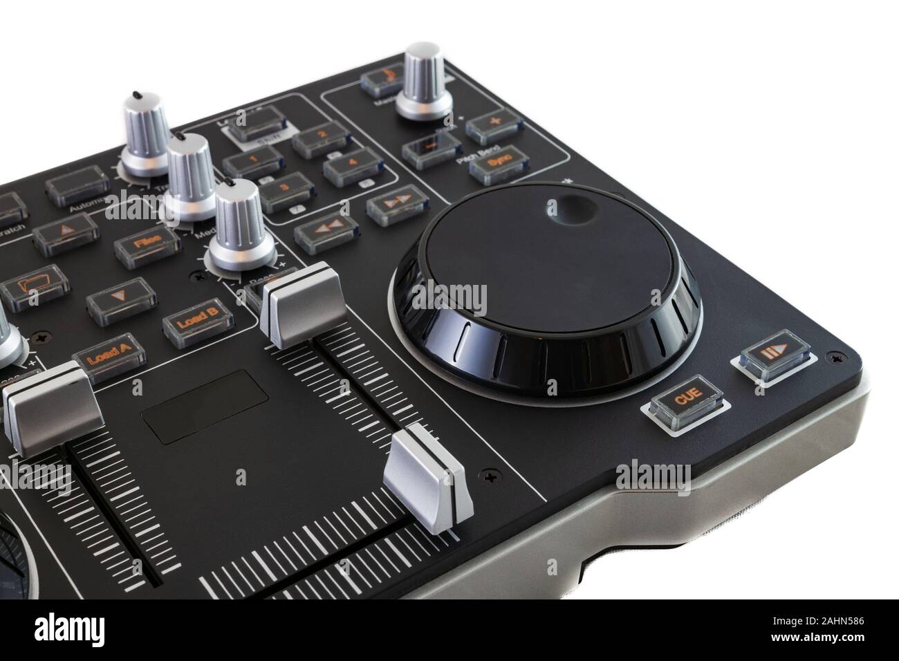 Portable DJ Control Mixer shot on a white background. Stock Photo
