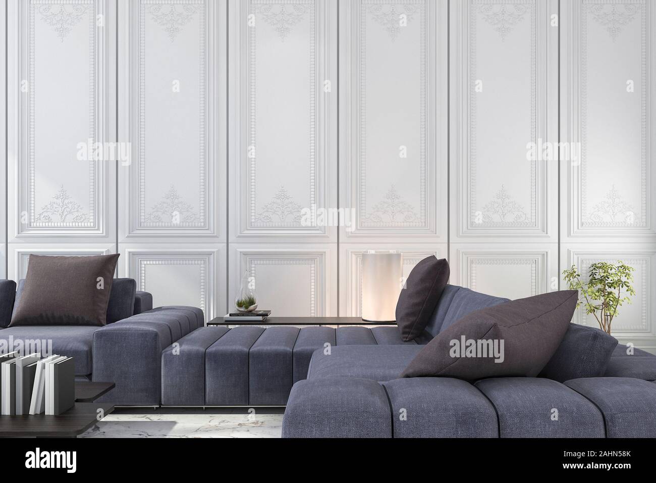 3d rendering blue and brown sofa set in classic luxury white room Stock