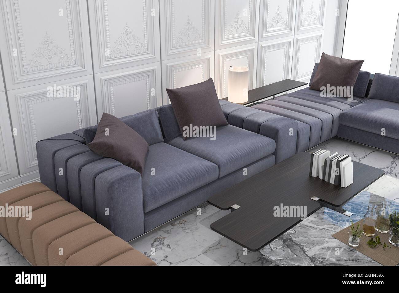 3d rendering blue and brown sofa set in classic luxury white room Stock