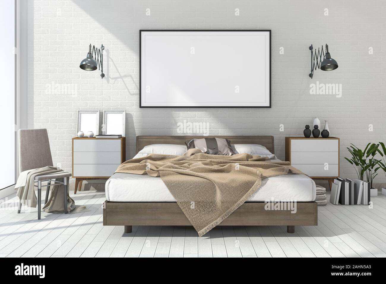 3d Rendering Vintage Minimal Mock Up Bedroom In Scandinavian Style Stock Photo Alamy