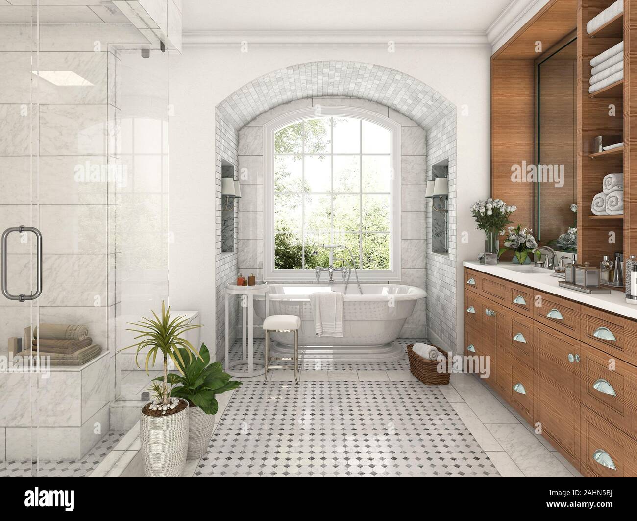 3d rendering wood and tile design bathroom near window with arc brick ...