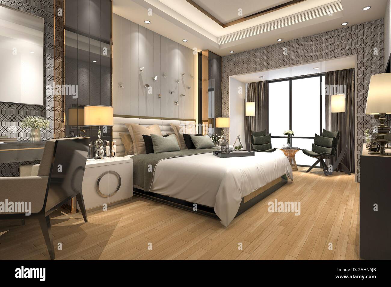 3d rendering luxury modern bedroom suite in hotel Stock Photo - Alamy