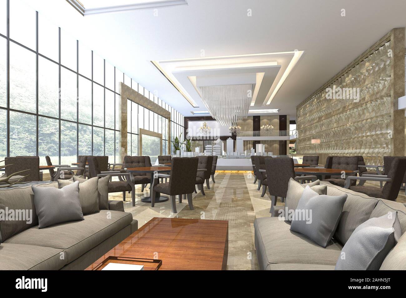 3d rendering luxury hotel reception and lounge restaurant Stock Photo ...