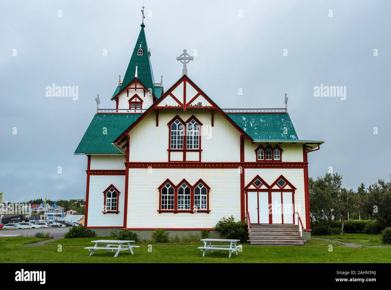 Husavik, Iceland – 16 July, 2018 Wooden Church in Husavik town in Nordurting municipality on the North coast of Iceland. Stock Photo