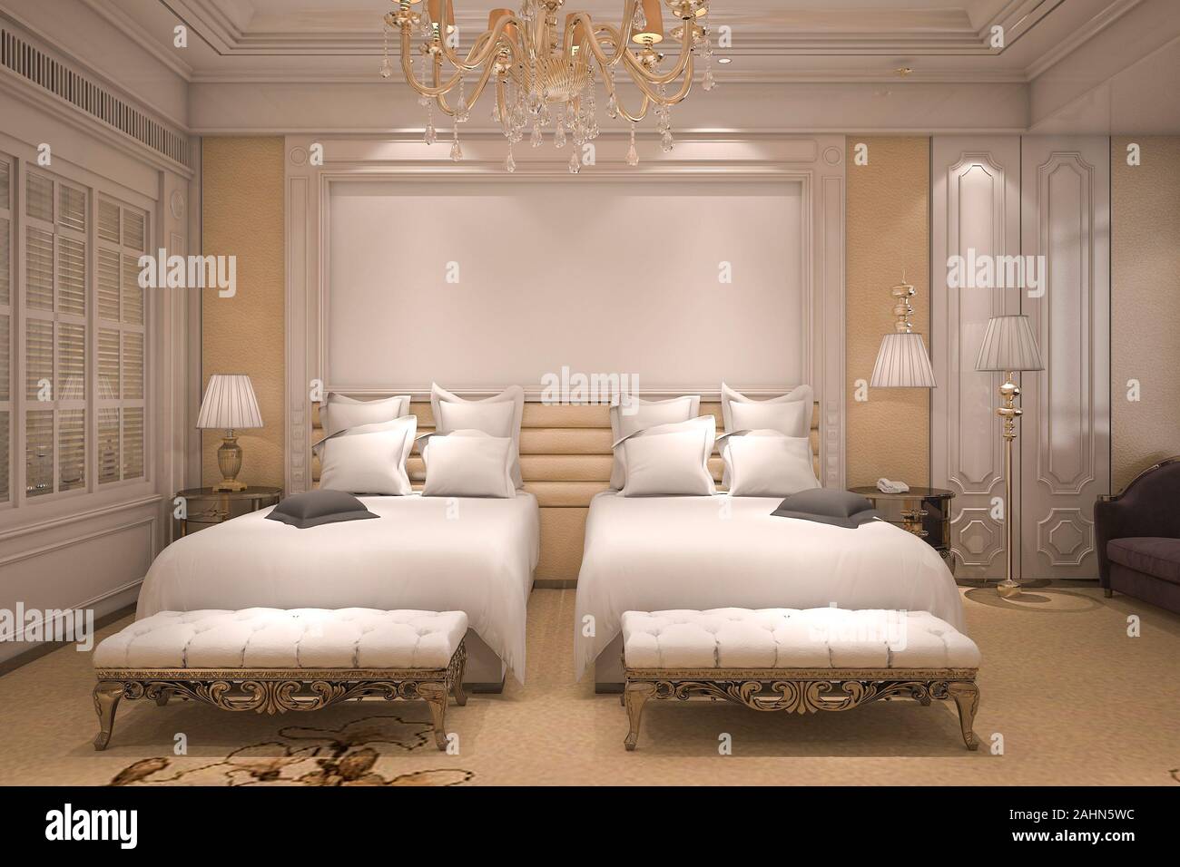 3d Rendering Luxury Modern Bedroom Suite In Hotel With