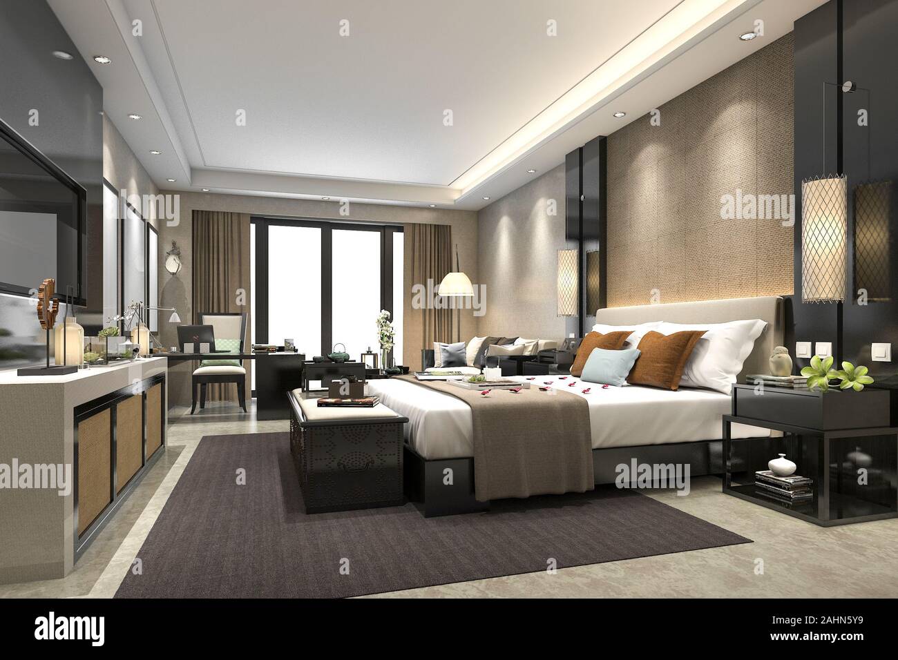 3d Rendering Luxury Modern Tropical Bedroom Suite In Hotel