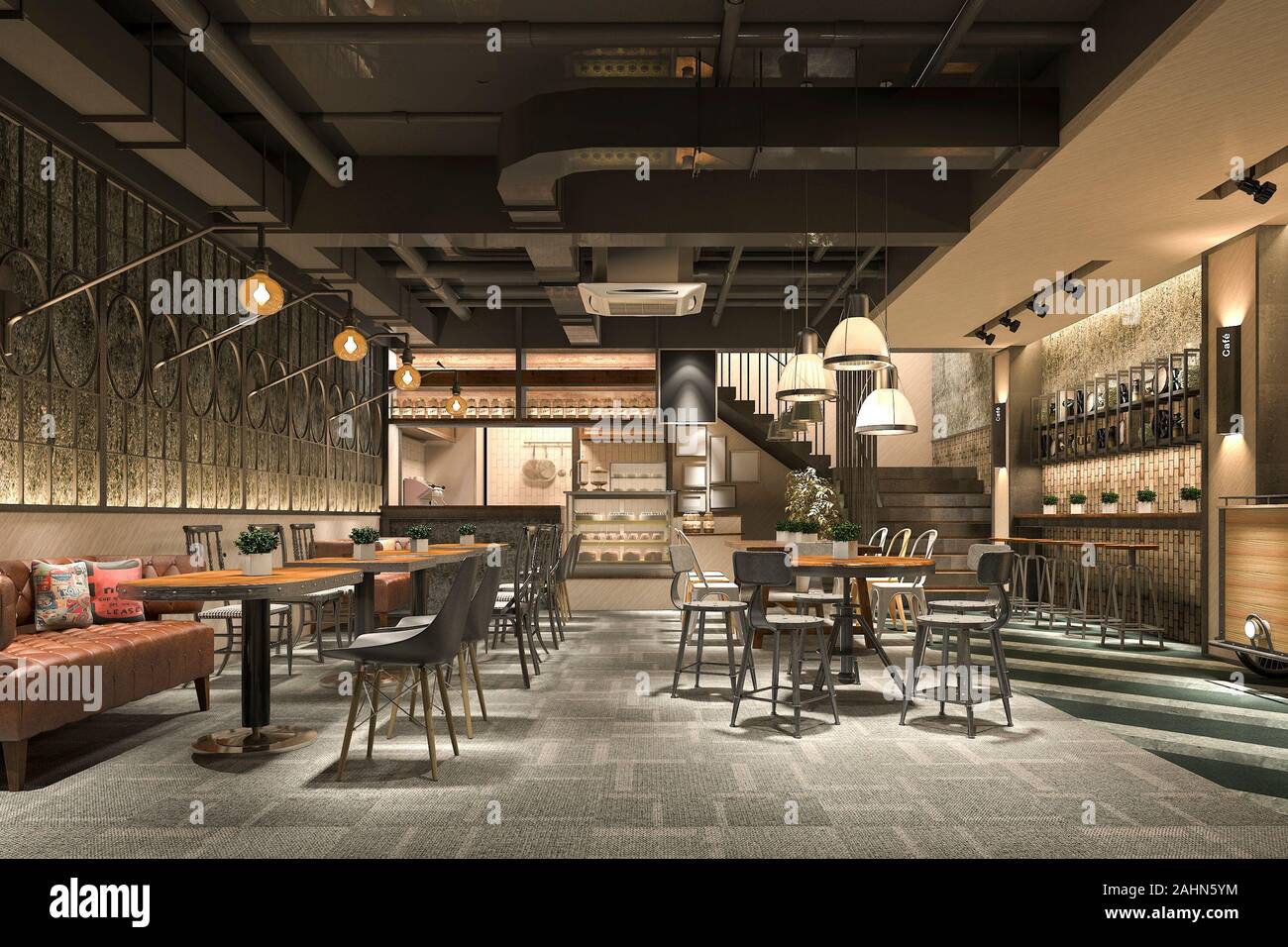 3d rendering loft and luxury hotel reception and cafe lounge restaurant