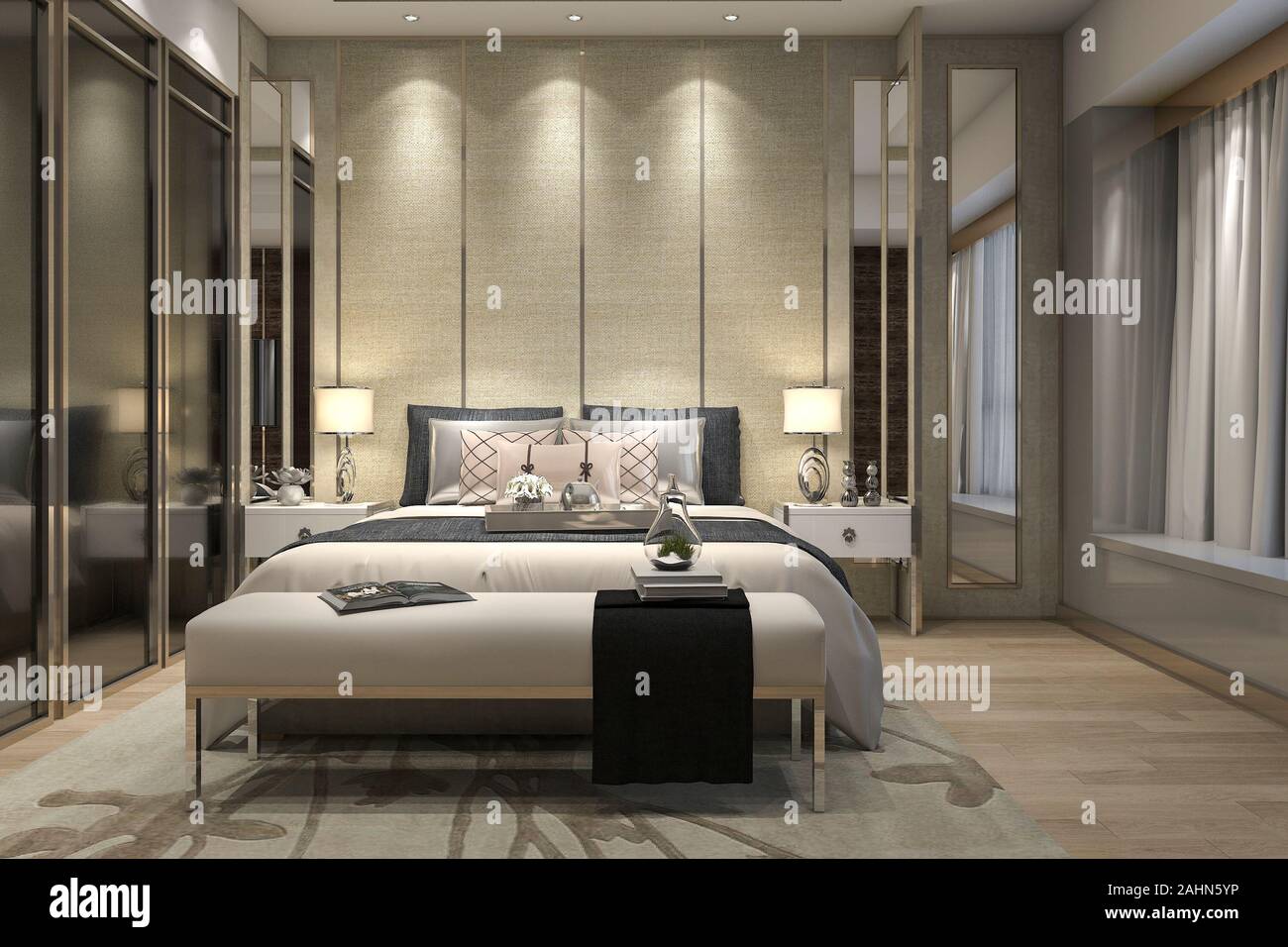 3d Rendering Luxury Modern Bedroom Suite In Hotel With Wardrobe