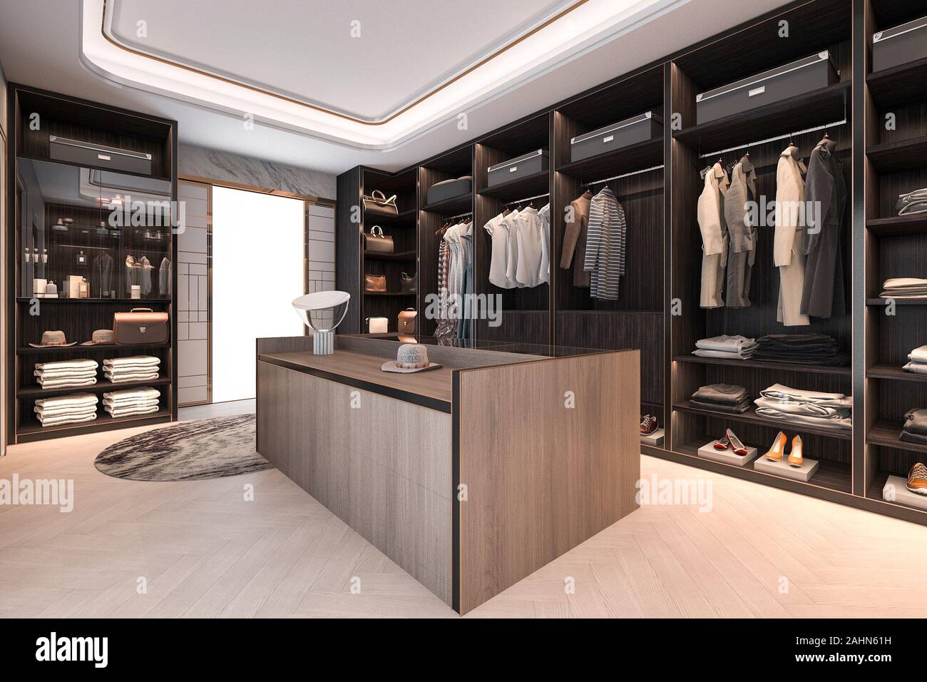 3d Rendering Minimal Loft Dark Wood Walk In Closet With Wardrobe