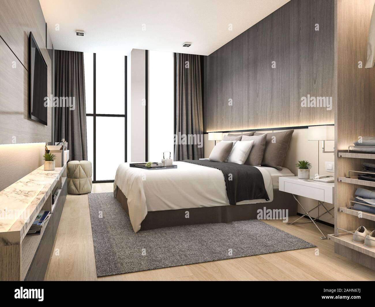 3d rendering luxury modern bedroom suite in hotel with ...
