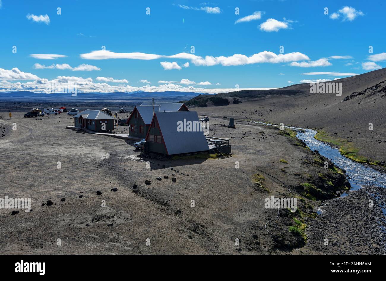 Dreki, Iceland - 15 July, 2018  Dreki Hut and Camping space close to Drekagil Canyon in Central Highlands of Iceland, Vatnajokull National Park. The l Stock Photo