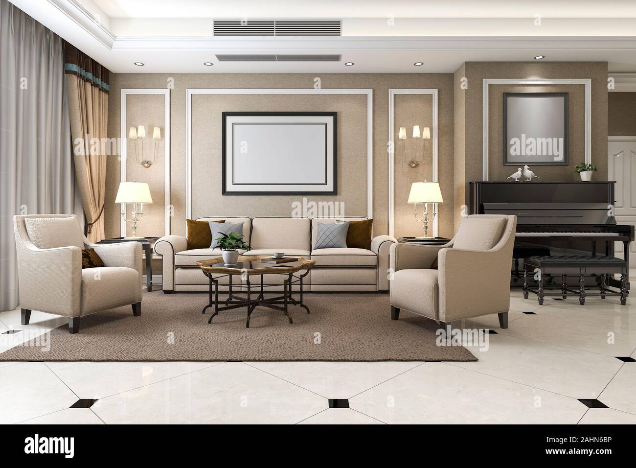 3d rendering classic warm living room with piano and armchair Stock ...