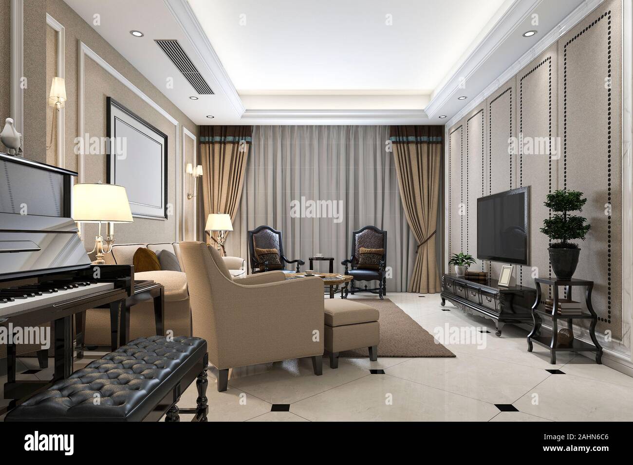 3d rendering classic warm living room with piano and armchair Stock ...