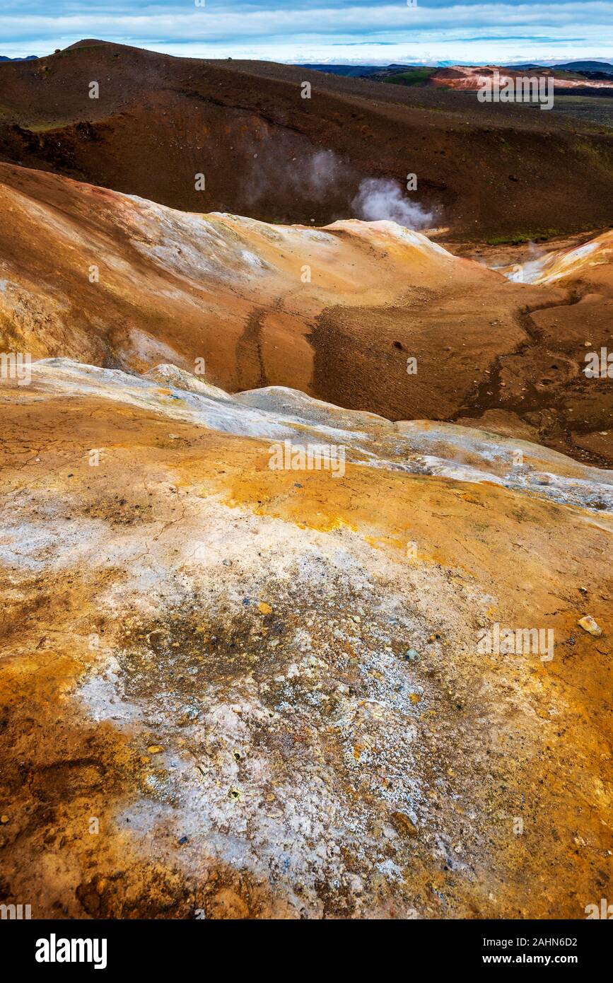 Landscape of Solfatara and Fumarole activity in Krafla volcanic area in Northern Island. Sulfur deposits are in the ground surface. Stock Photo