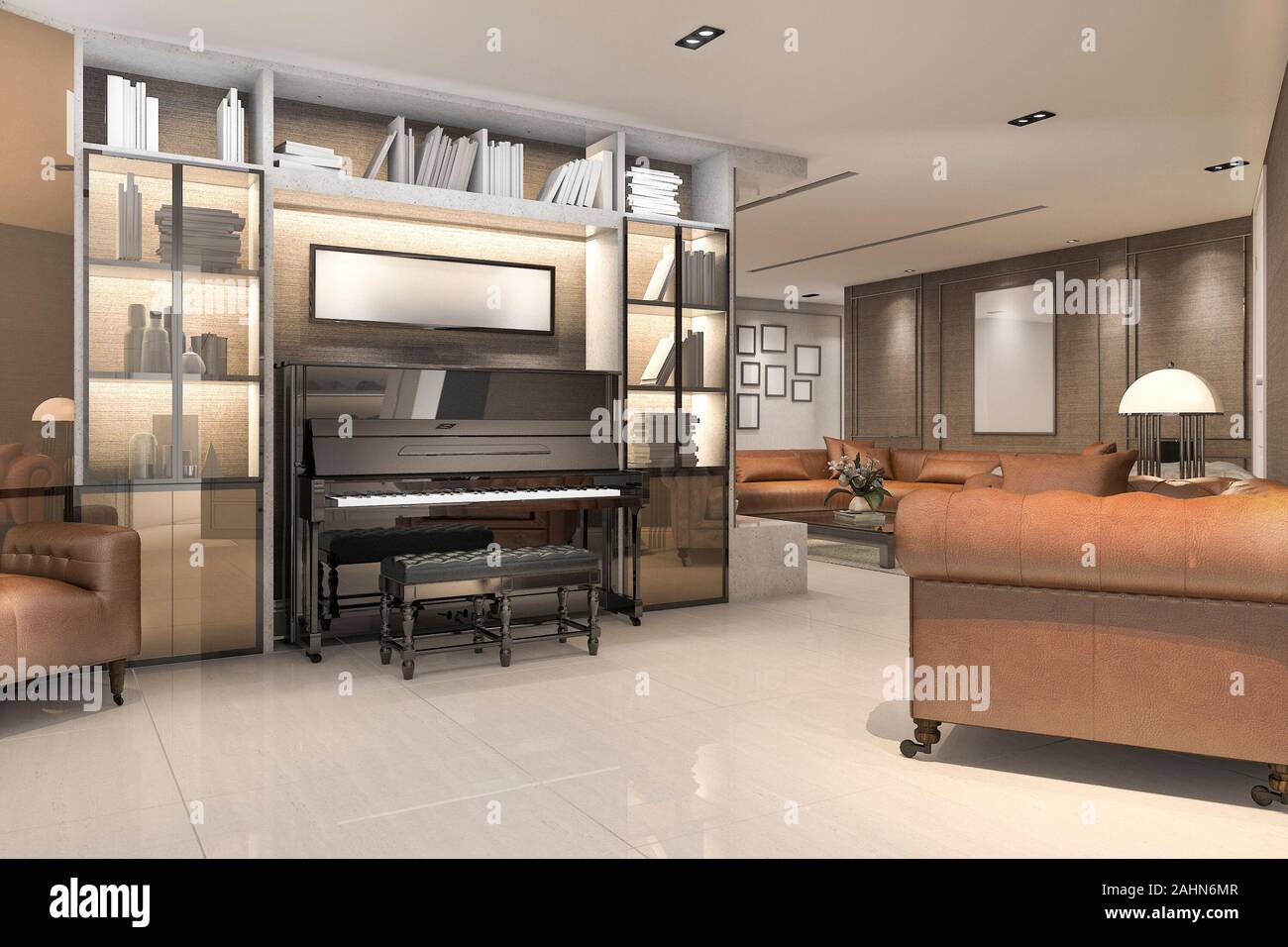 3d rendering classic warm living room with piano and armchair Stock ...