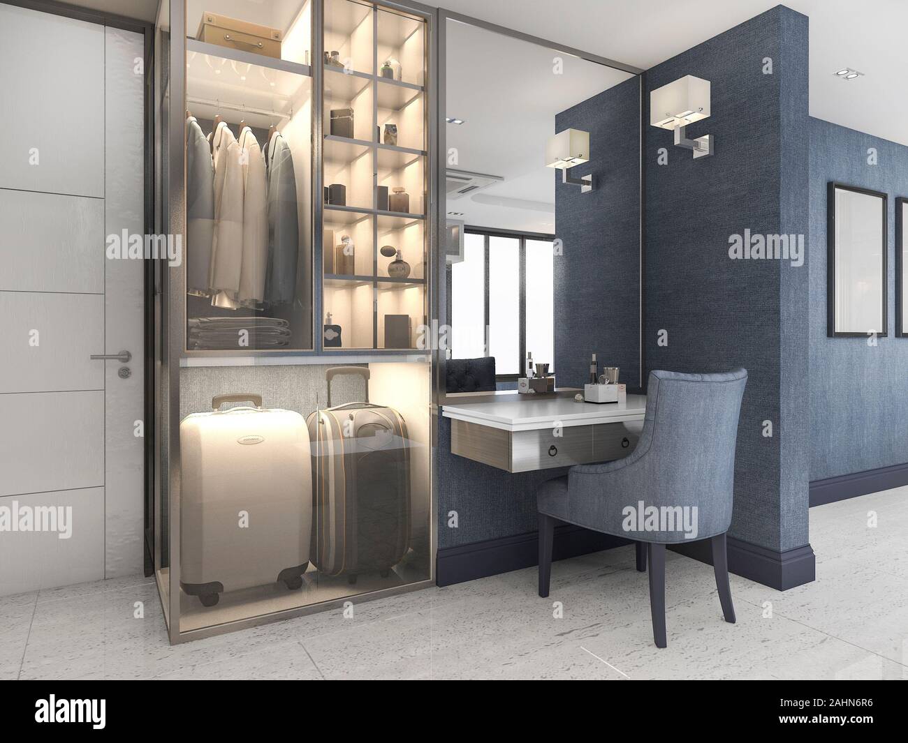 3d rendering white walk in closet with blue decor near bedroom Stock ...