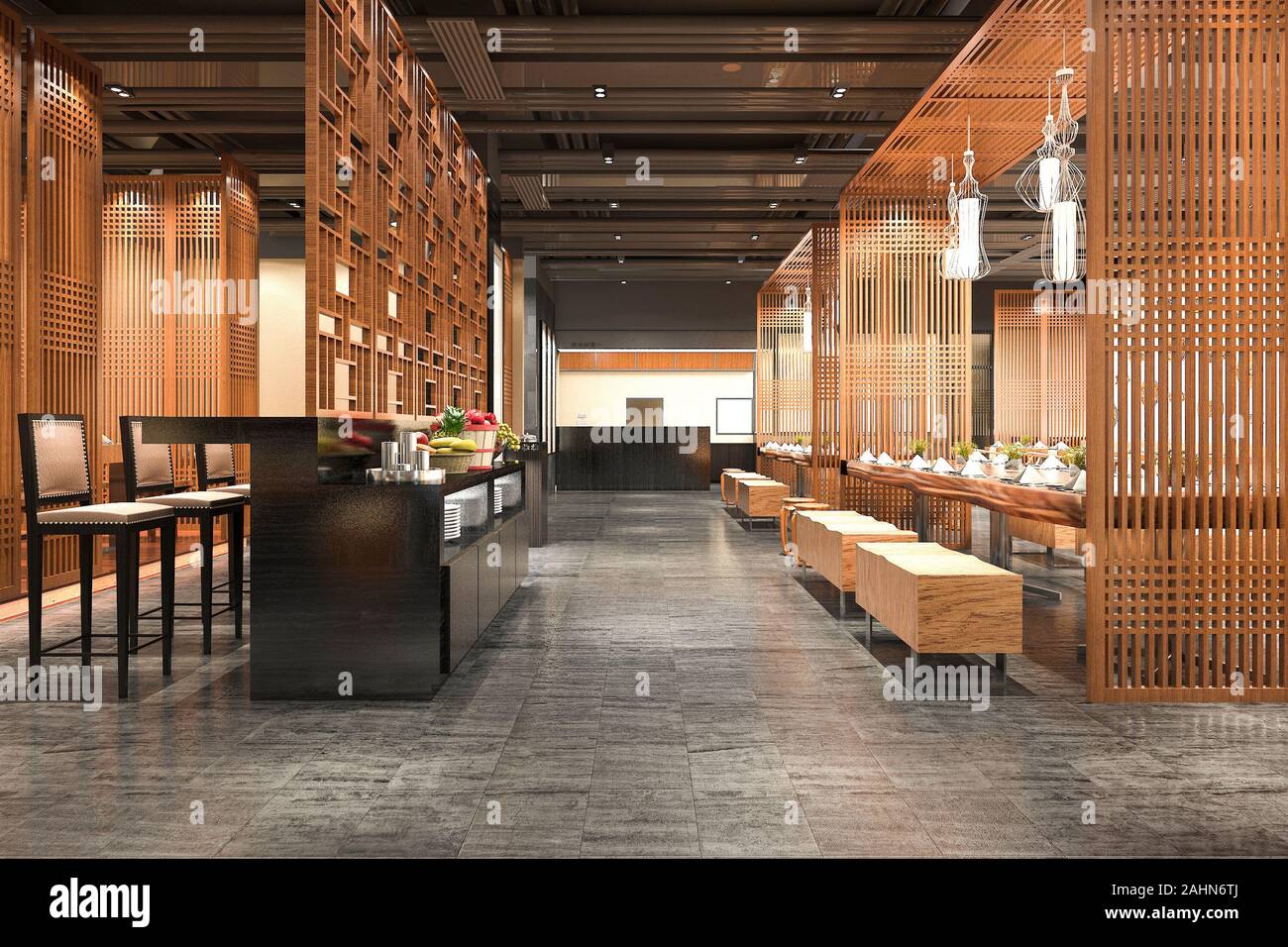 3d rendering loft and luxury hotel reception wood cafe lounge