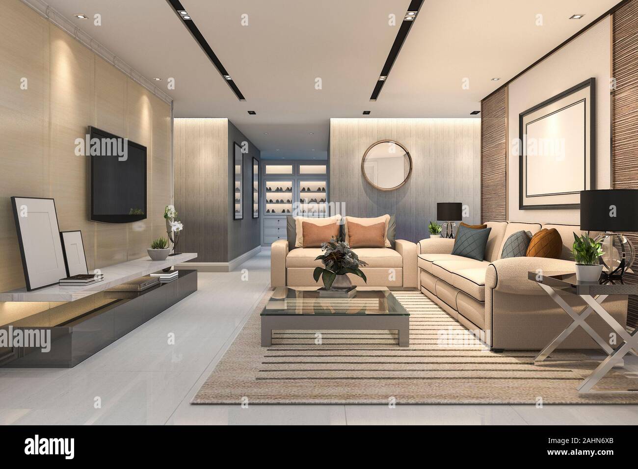 3d rendering luxury and modern living room with leather sofa Stock ...