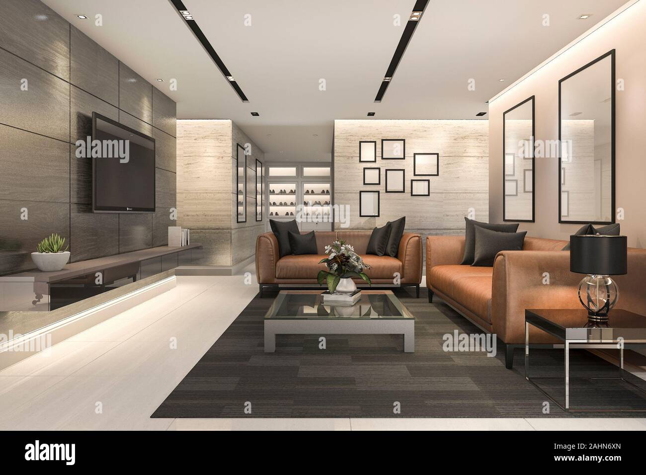 3d rendering luxury and modern living room with leather sofa Stock ...