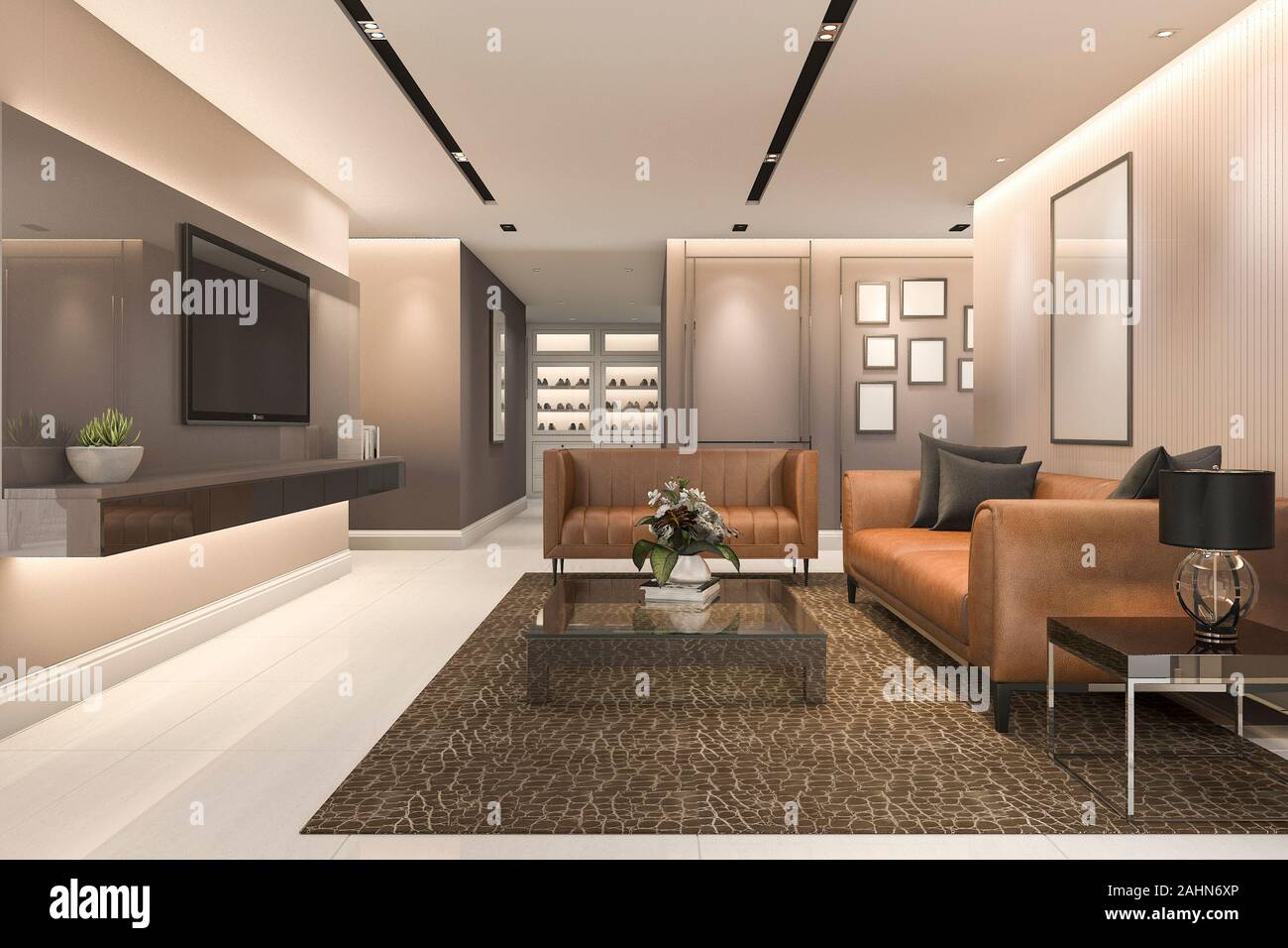 3d rendering luxury and modern living room with leather sofa Stock ...