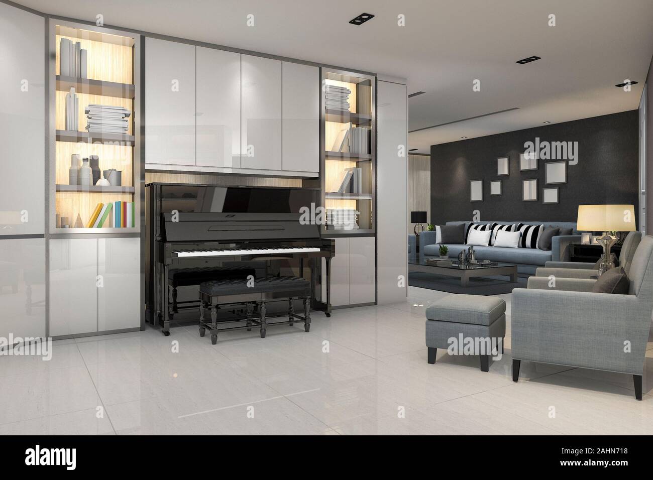 3d rendering modern grey living room with piano and blue armchair Stock ...