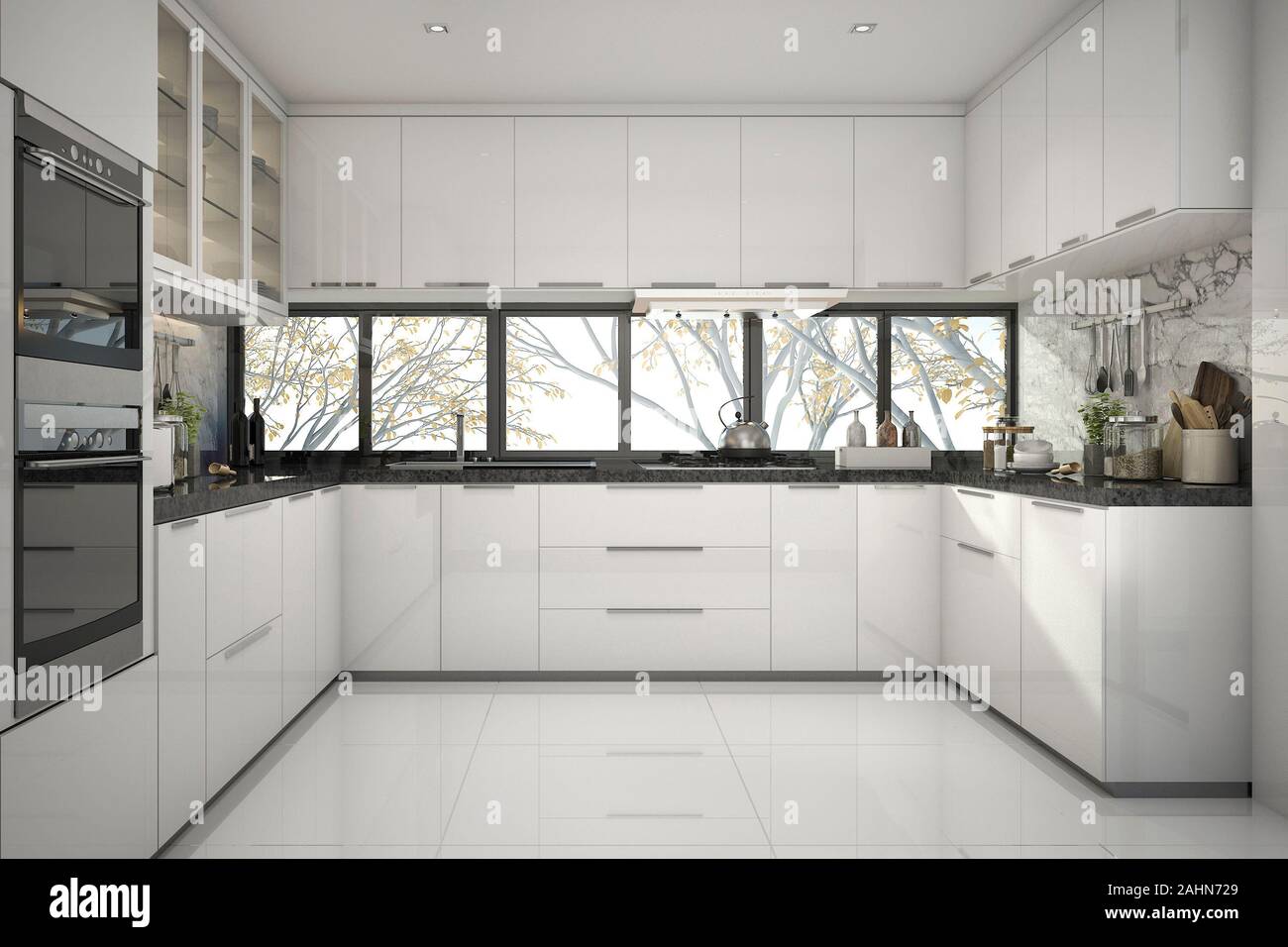 3d Rendering Beautiful Modern White Kitchen With Marble Decor Stock Photo Alamy