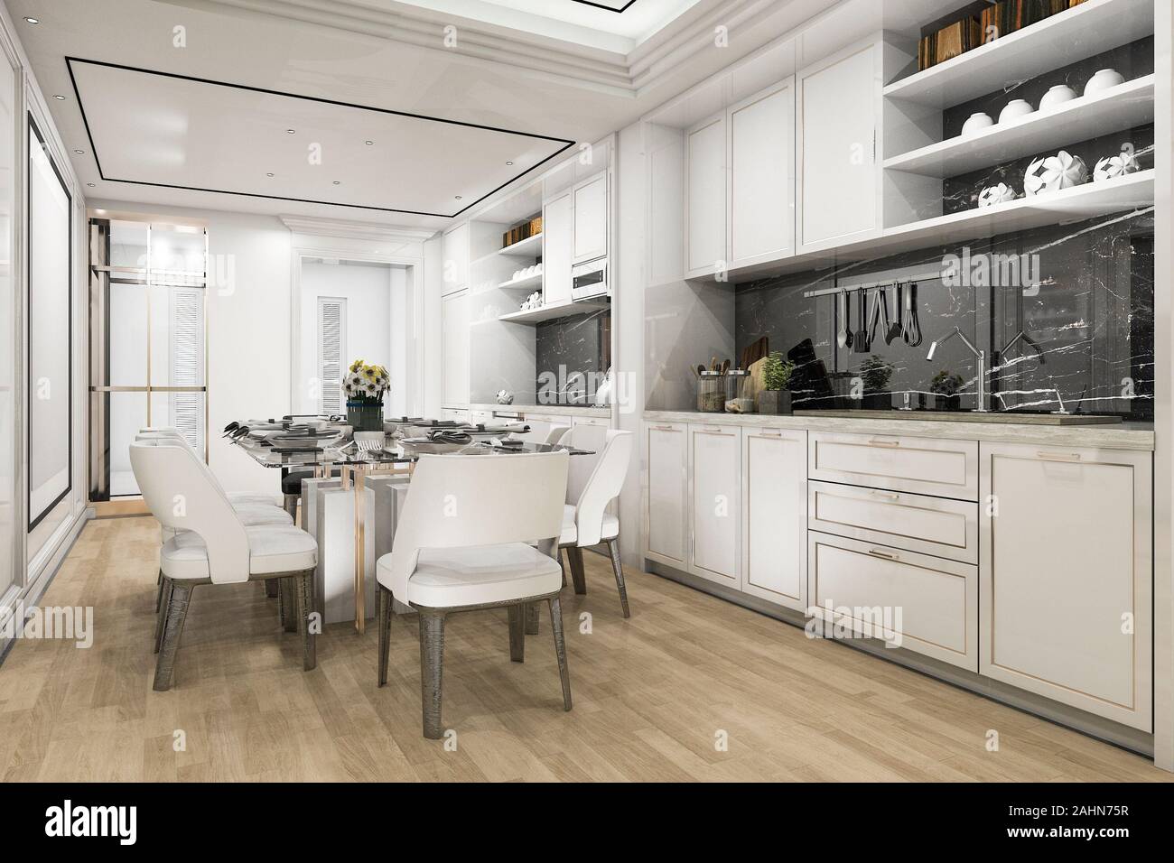 3d rendering beautiful modern white kitchen and dining room Stock Photo ...