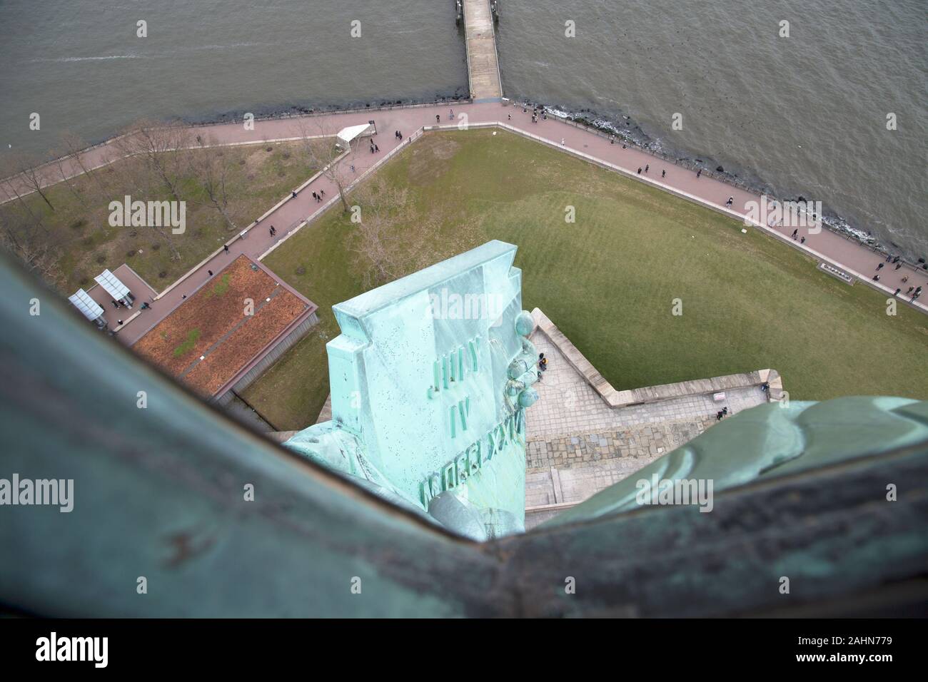 View of the tablet form inside the crown of the Statue of Liberty Enlightening the World, Liberty Island New York Harbour, New York, USA Stock Photo