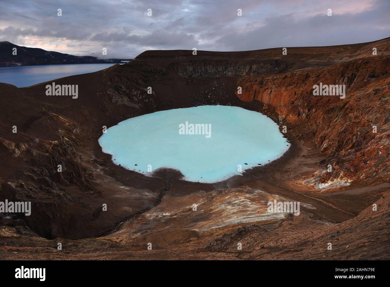 Viti crater and geothermal lake at Askja caldera in midnight lights, Oskjuvatn lake is at background Stock Photo