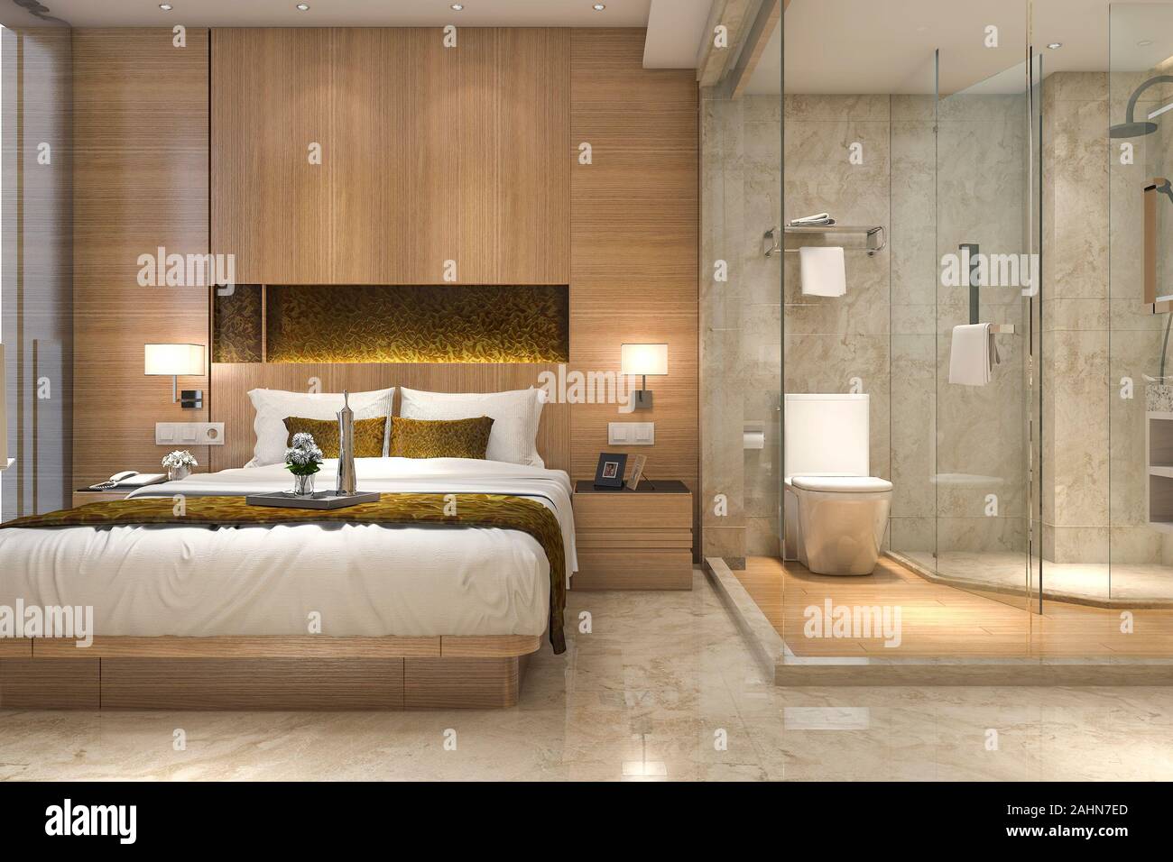 10d rendering modern luxury bedroom suite and bathroom Stock Photo 10d rendering modern luxury bedroom suite and bathroom Stock Photo