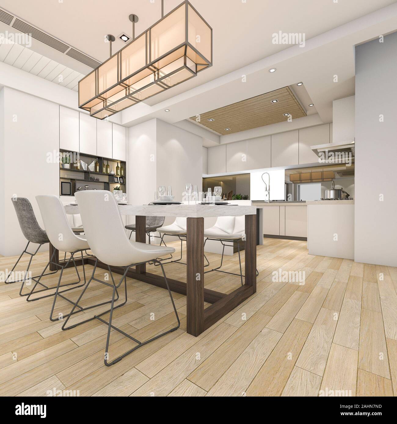 3d rendering beautiful modern white kitchen and dining room Stock Photo ...
