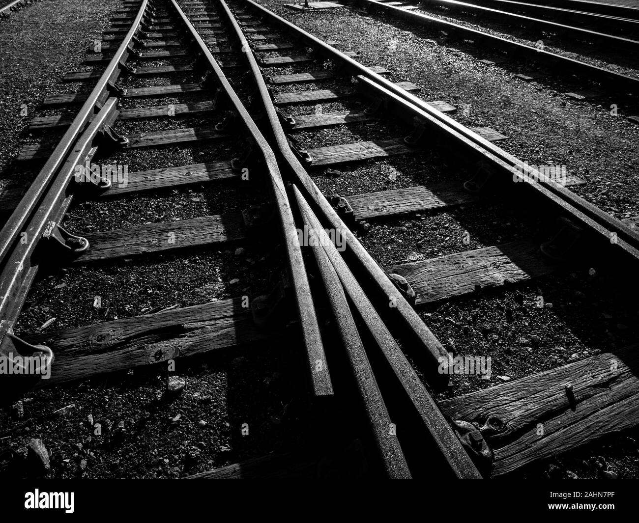 Black and White Abstract Landscape of Railway Tracks, Didcot Railway Centre, Didcote, Oxfordshire, England, UK, GB. Stock Photo