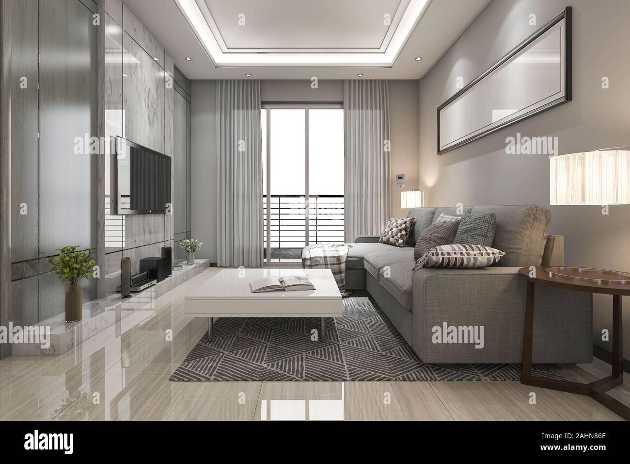 3d rendering luxury and modern living room with fabric sofa Stock Photo ...