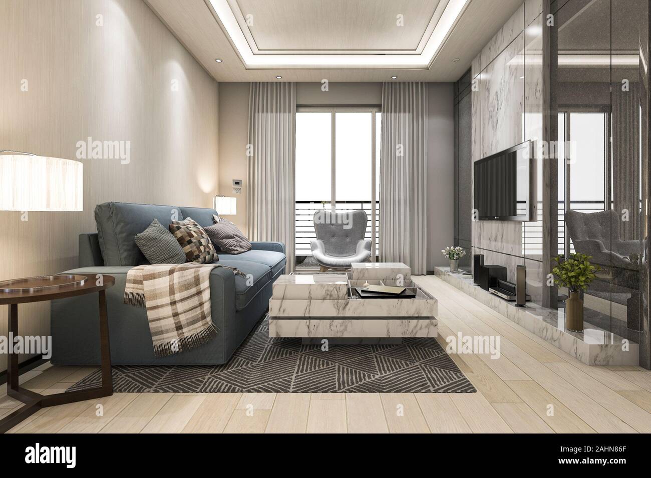 3d rendering luxury and modern living room with fabric sofa Stock Photo ...