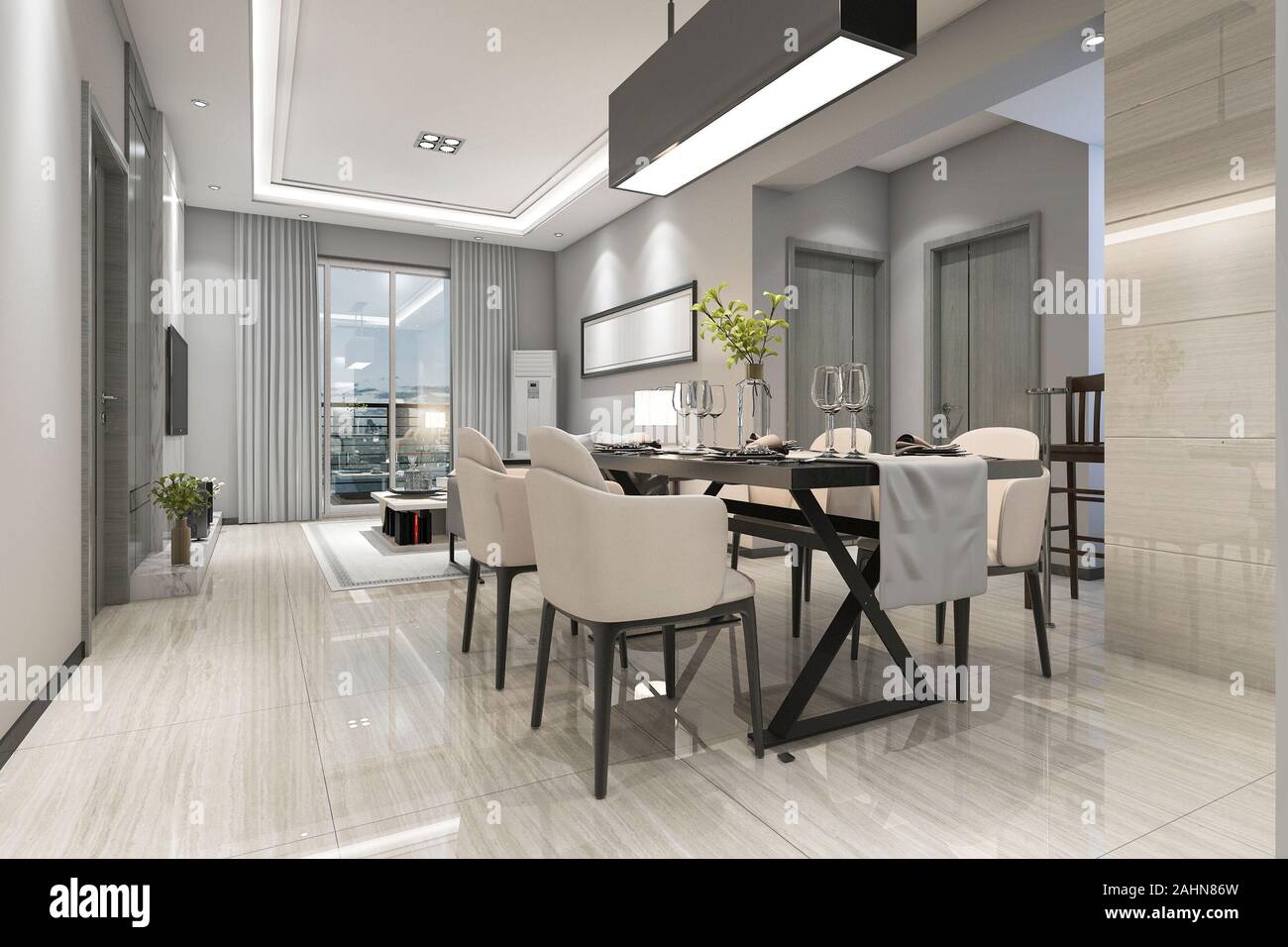 3d rendering modern dining room and living room with luxury decor Stock ...