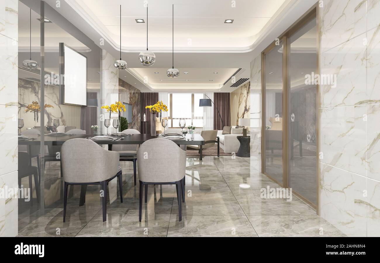 3d rendering modern dining room and living room with luxury decor Stock ...