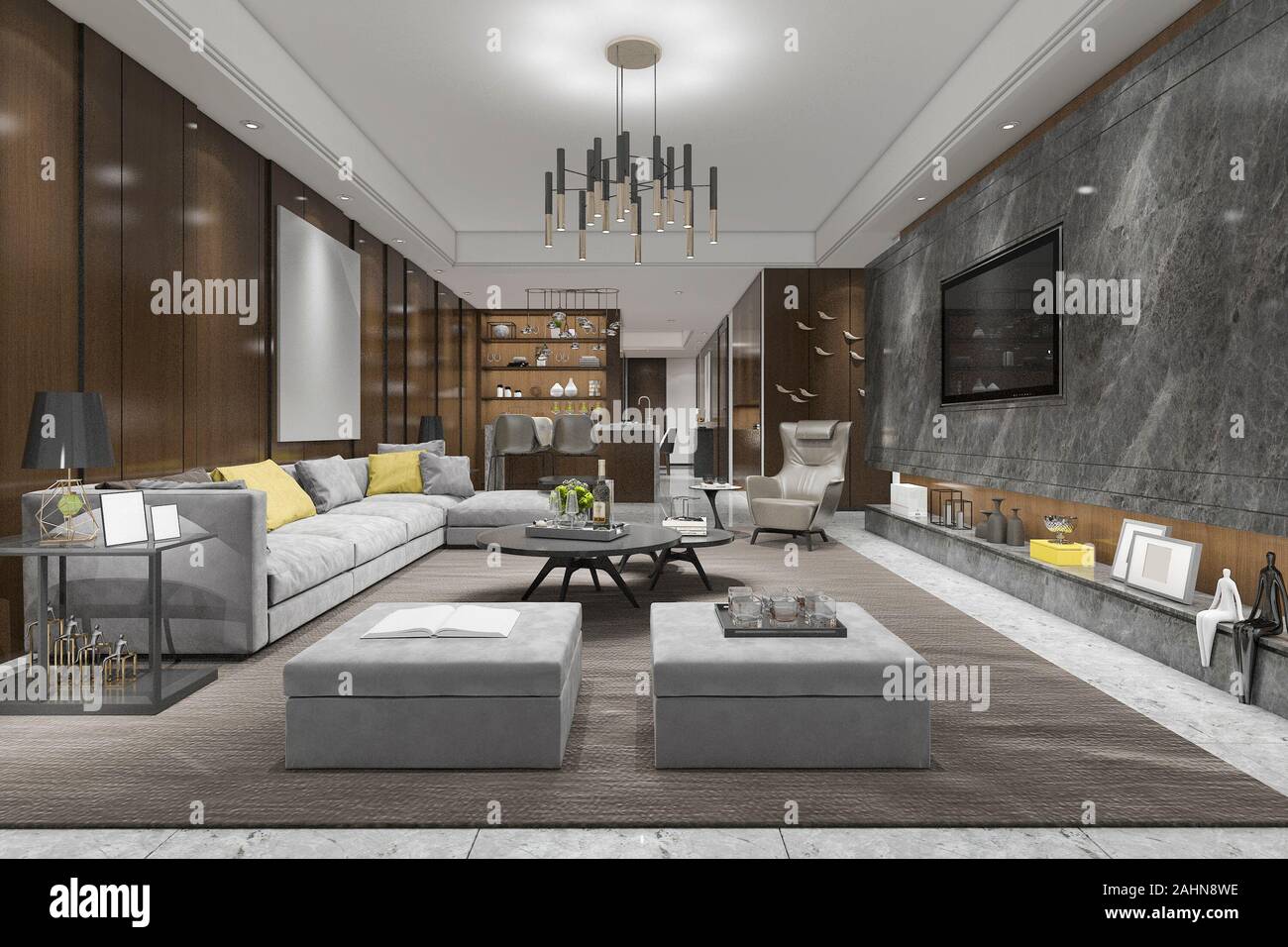 3d rendering modern dining room and living room with luxury decor Stock ...