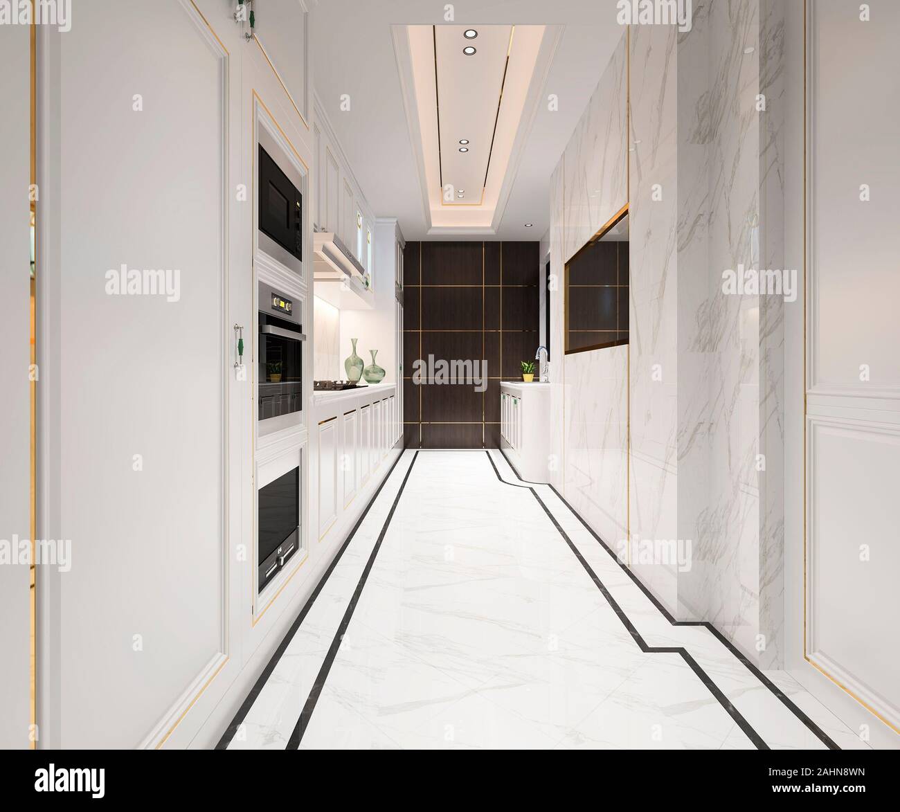3d rendering white classic kitchen with luxury design Stock Photo - Alamy