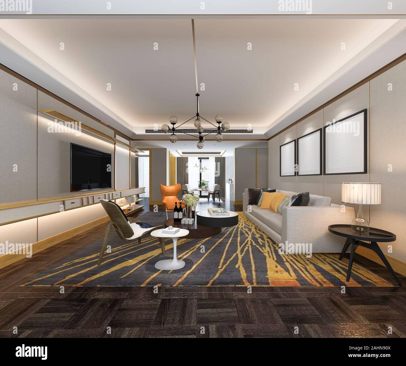 3d rendering luxury and modern living room with fabric sofa Stock Photo ...