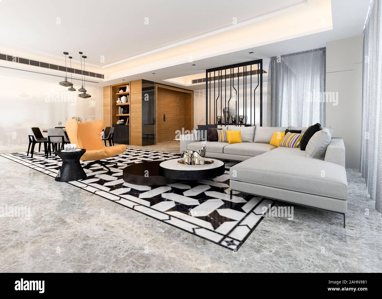 3d rendering modern dining room and living room with luxury decor Stock ...